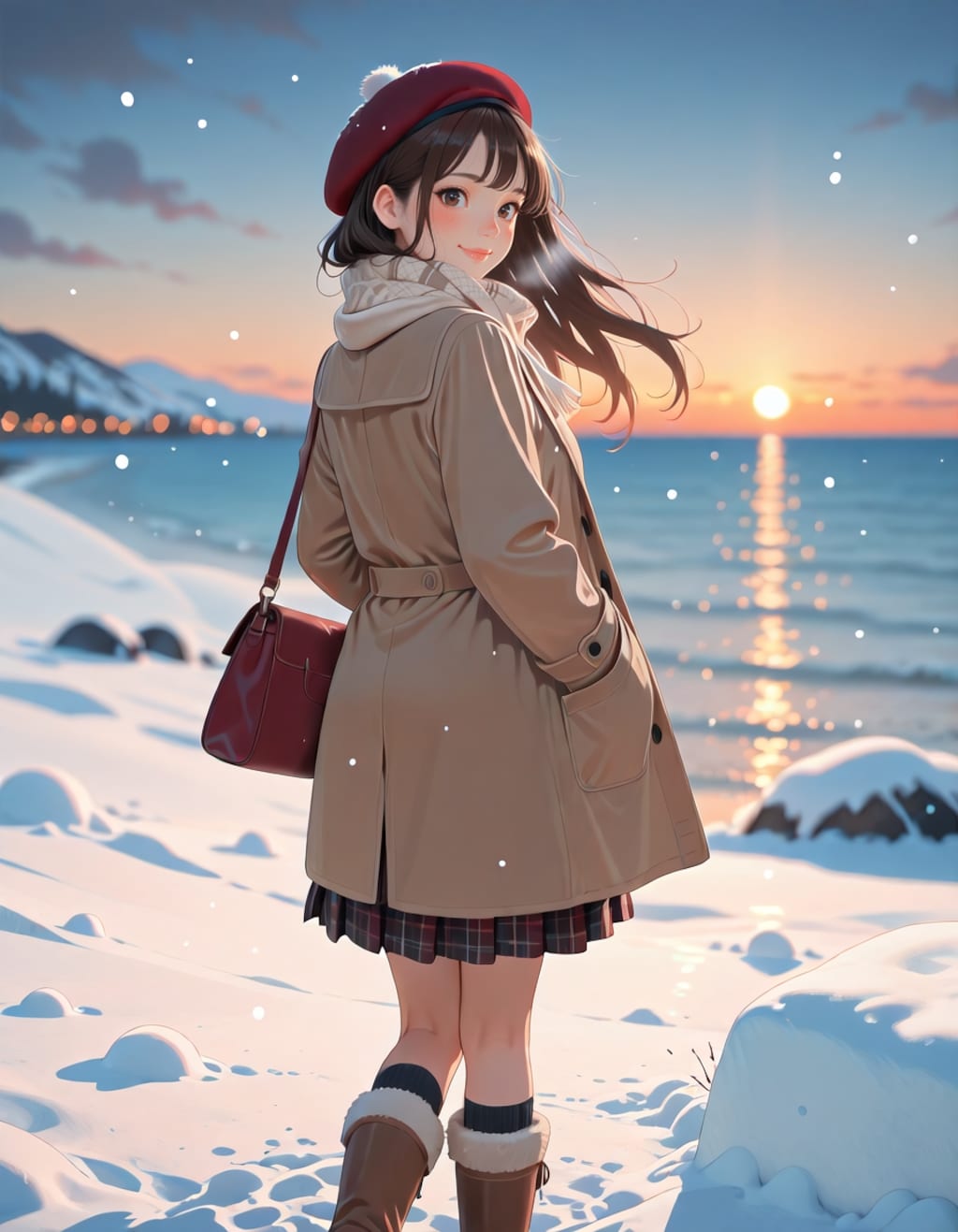 学校帰りに海で夕日を見る女子大生（2026ver.）