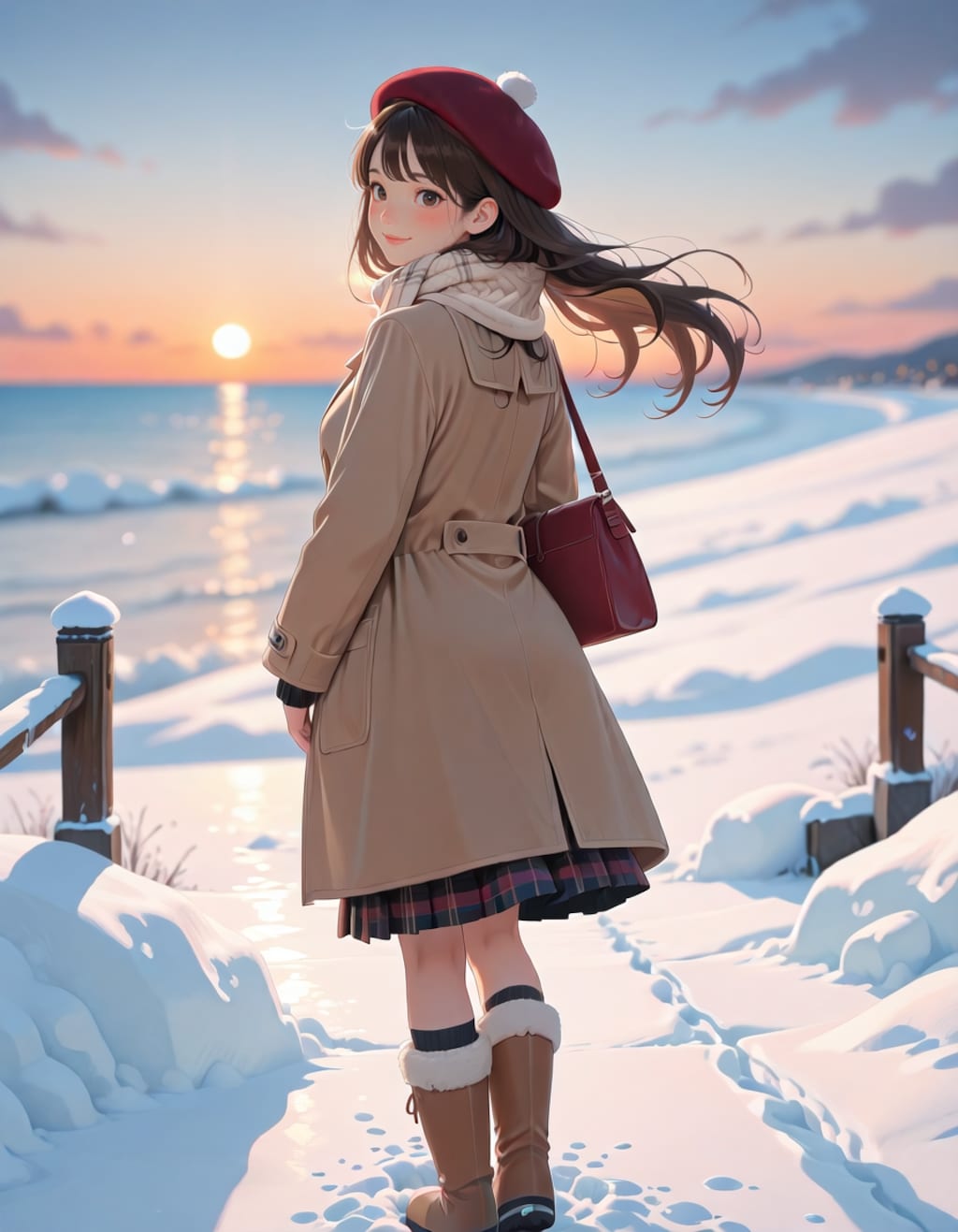 学校帰りに海で夕日を見る女子大生（2026ver.）