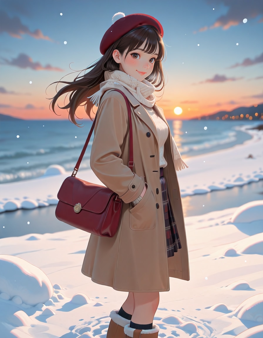 学校帰りに海で夕日を見る女子大生（2026ver.） | の人気AIイラスト・グラビア