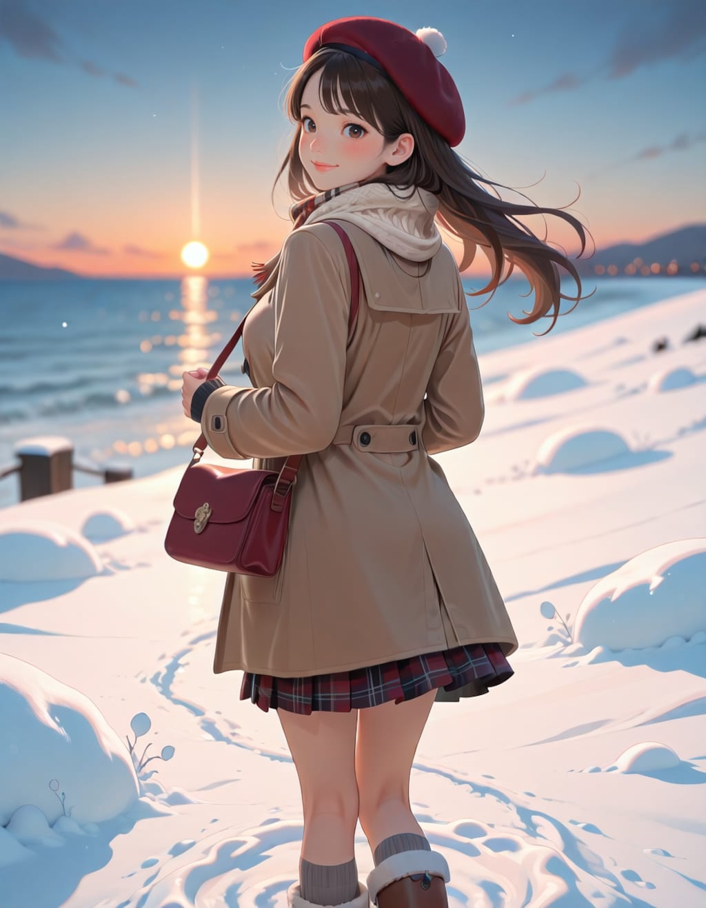 学校帰りに海で夕日を見る女子大生（2026ver.）