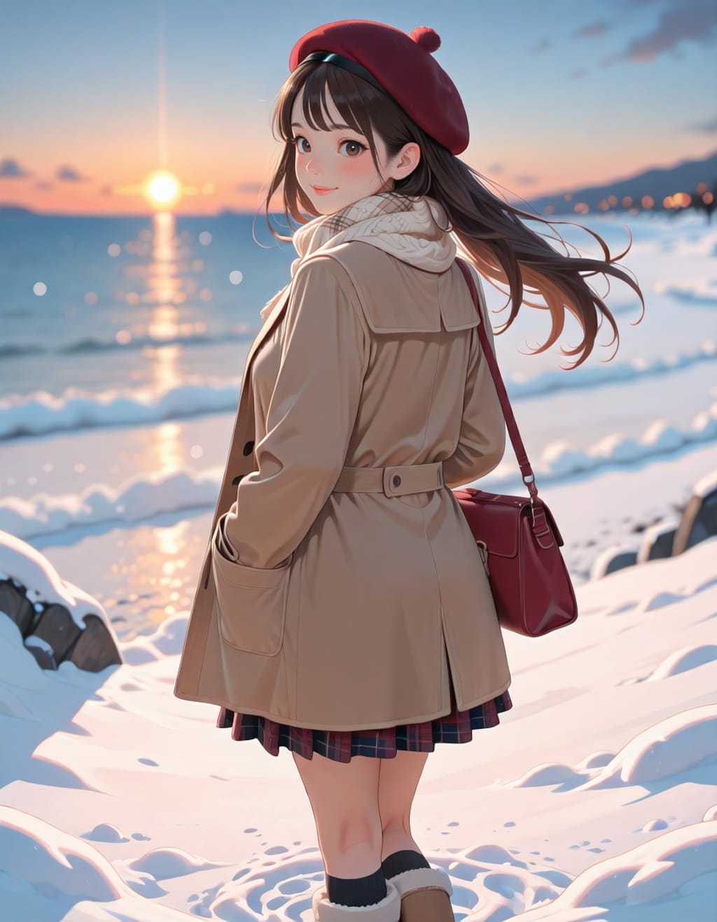 学校帰りに海で夕日を見る女子大生（2026ver.）