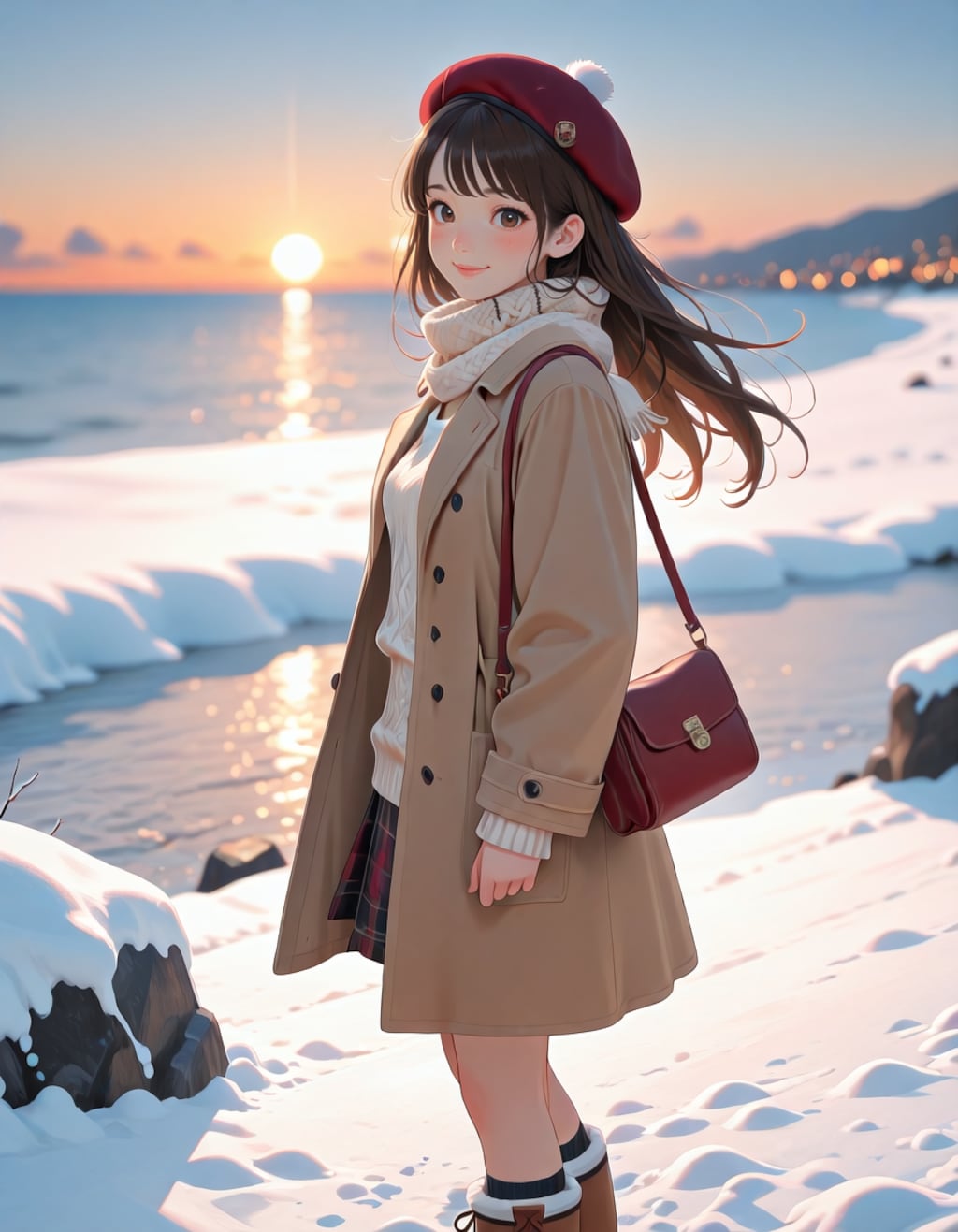 学校帰りに海で夕日を見る女子大生（2026ver.）