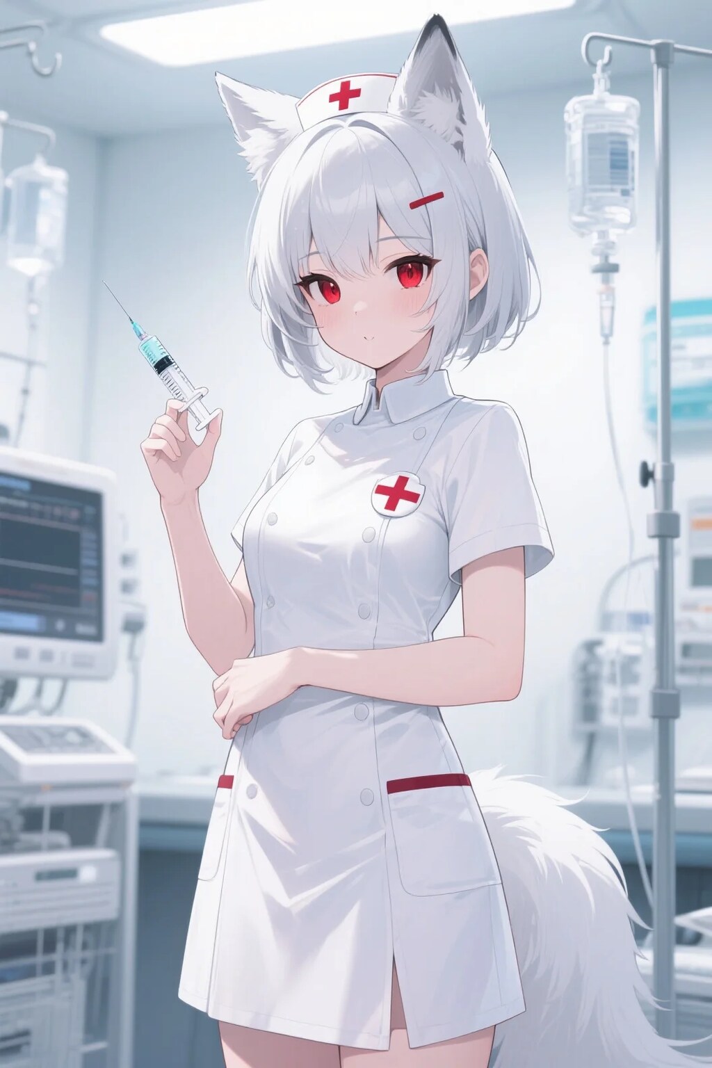 注射を持つナースの白キツネと廊下をダッシュで逃げるさくらちゃん