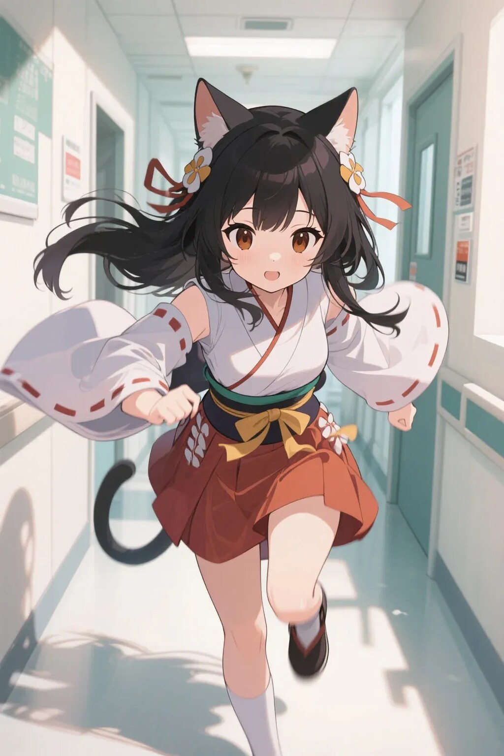 注射を持つナースの白キツネと廊下をダッシュで逃げるさくらちゃん