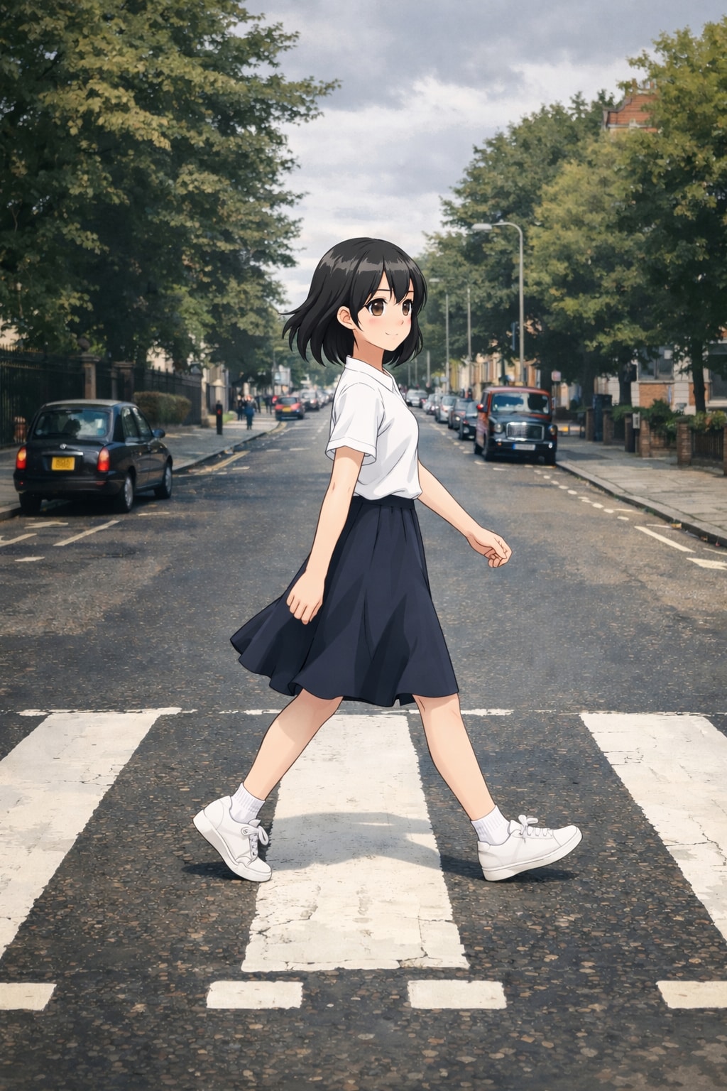 ザ・ビートルの「アビィ・ロード」のジャケット写真風の女の子