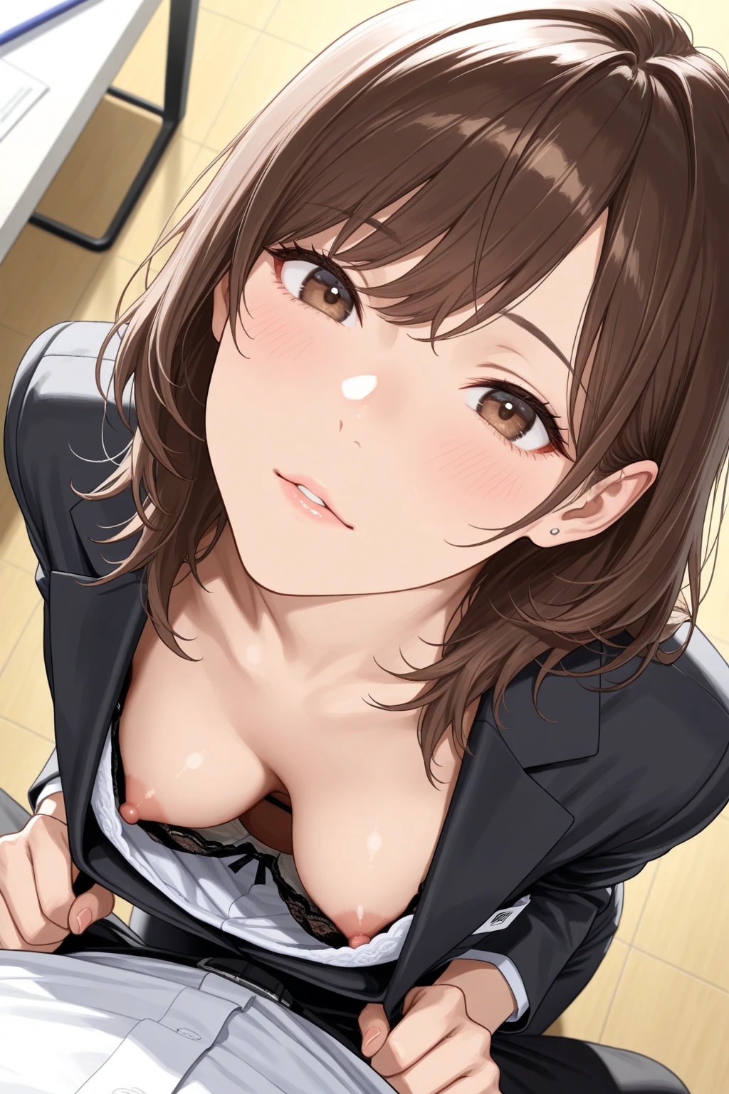 見上げてるけど胸チラを見下ろされる図