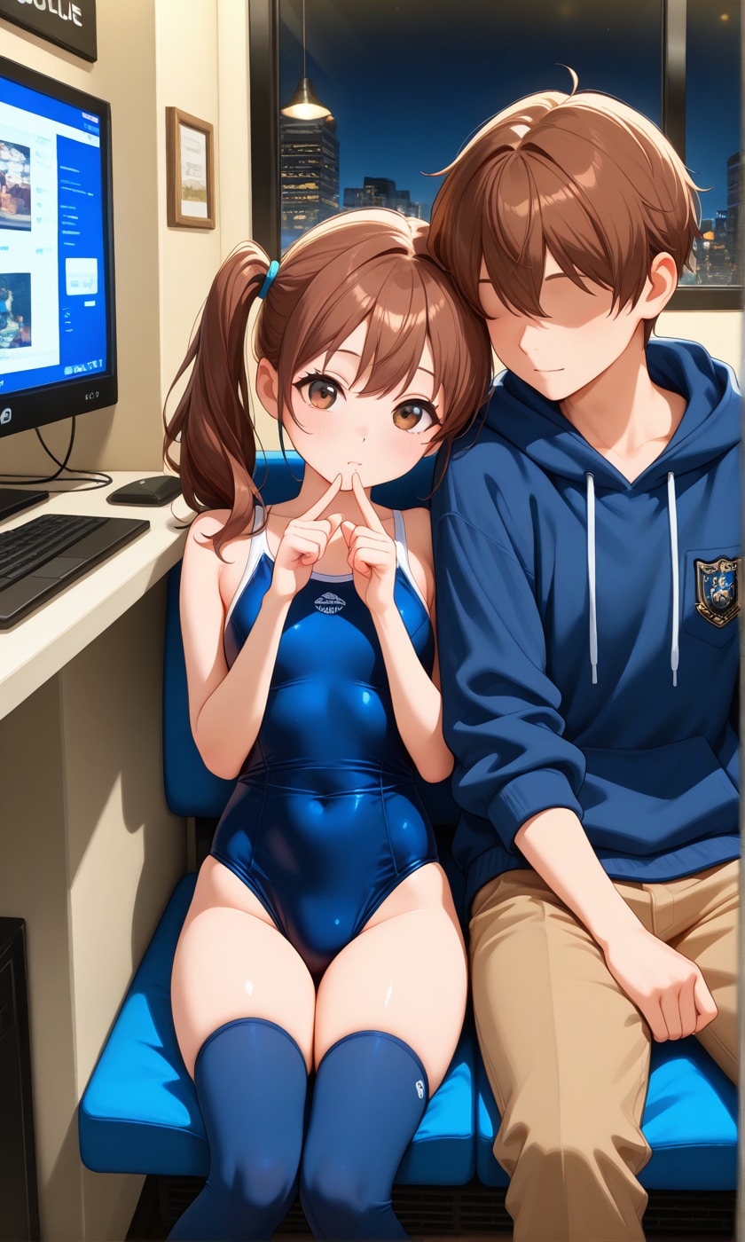 漫画喫茶ですごすスク水サイドポニー女子