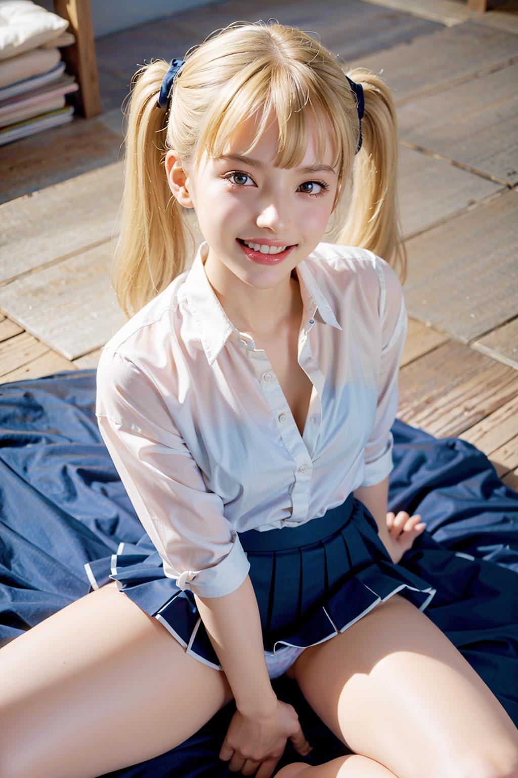 AIイラスト白ギャル貧乳ロリ顔　エロ画像　18歳女子校生海外コスプレイヤー　「お父さんのチンポに座っていると、家族みんなが心を通わせているような気がするね！」