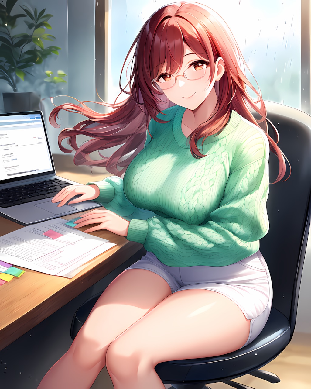 💻メガネ×ゆるニットでリモートワーク中💚