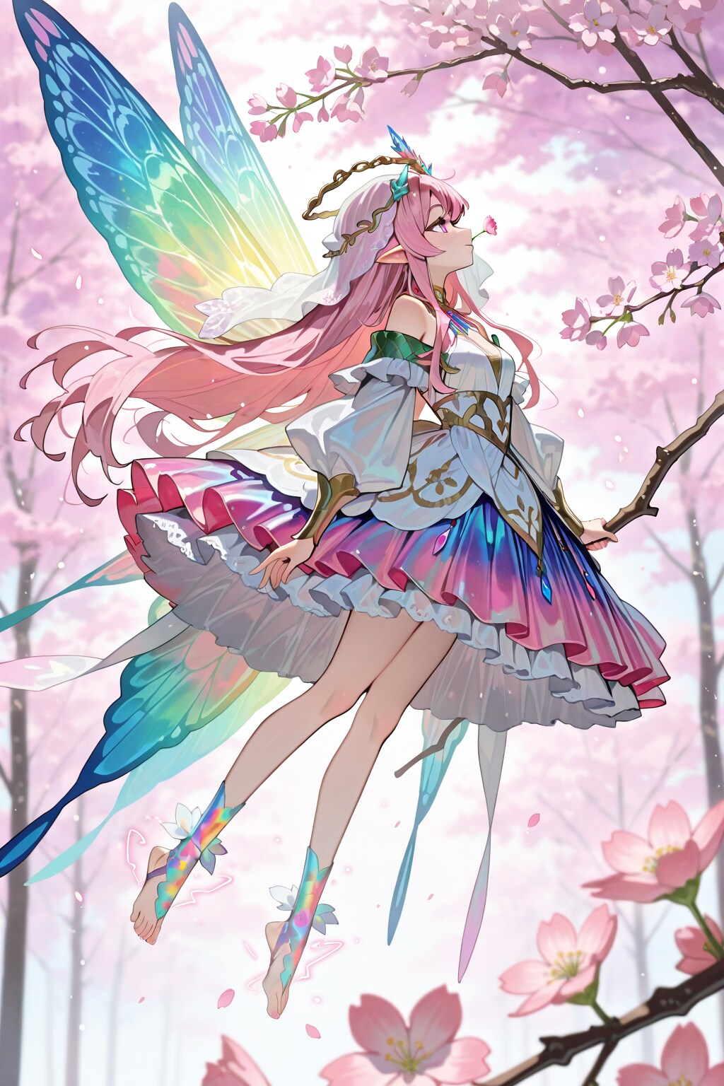 桜の枝を掴み、桜の花をくわえて弄ぶ蝶の精霊 | の人気AIイラスト・グラビア