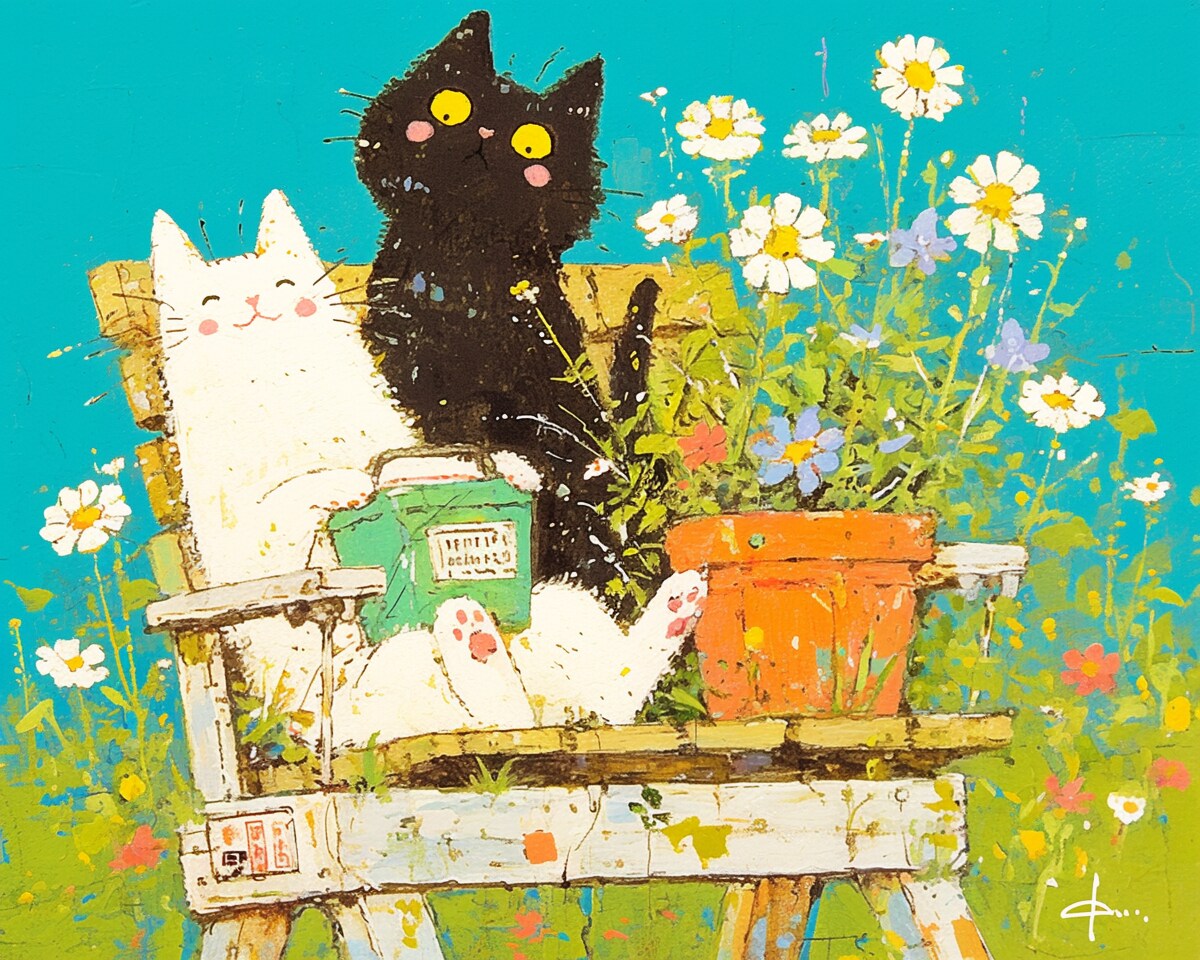 春のベンチで、のんびりニャふたり | の人気AIイラスト・グラビア