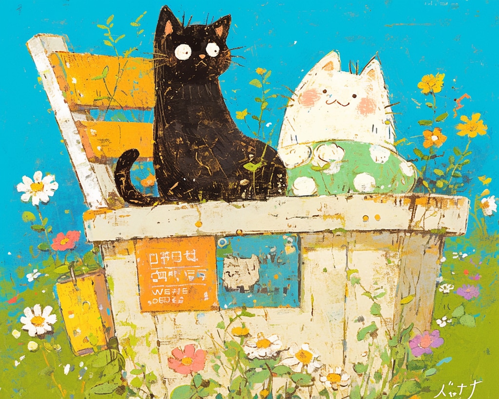 春のベンチで、のんびりニャふたり