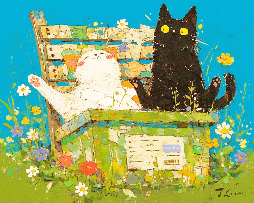 春のベンチで、のんびりニャふたり