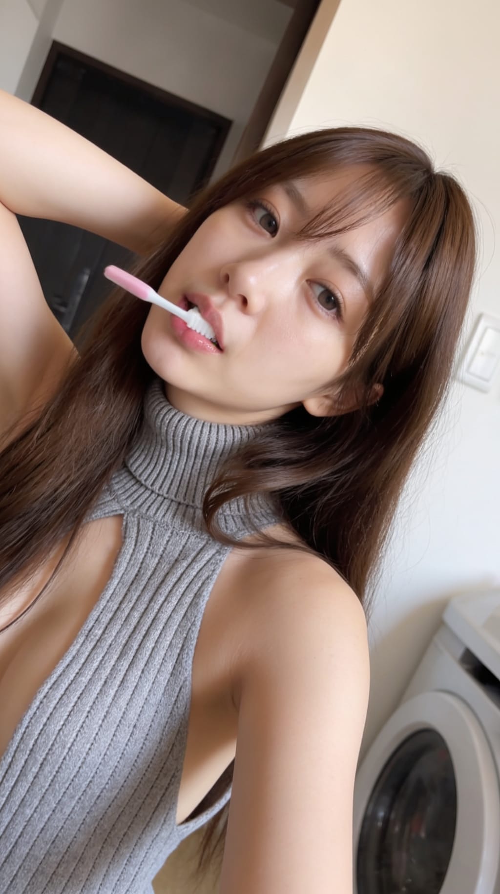 チラ見えする胸元と、無防備な脇に釘付け…