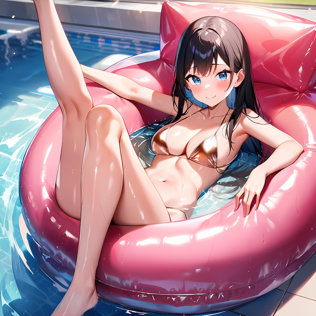 光沢メタリック三角ビキニ 大きな浮き輪に乗る