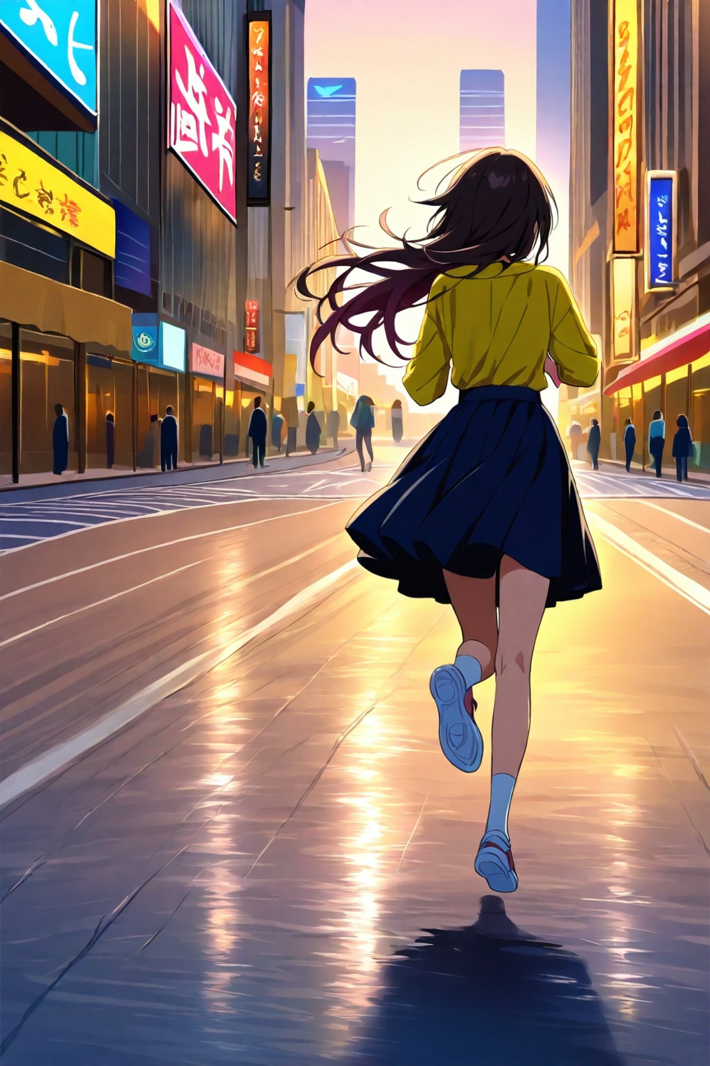 黄色いシャツを着て夕方の街中を走る