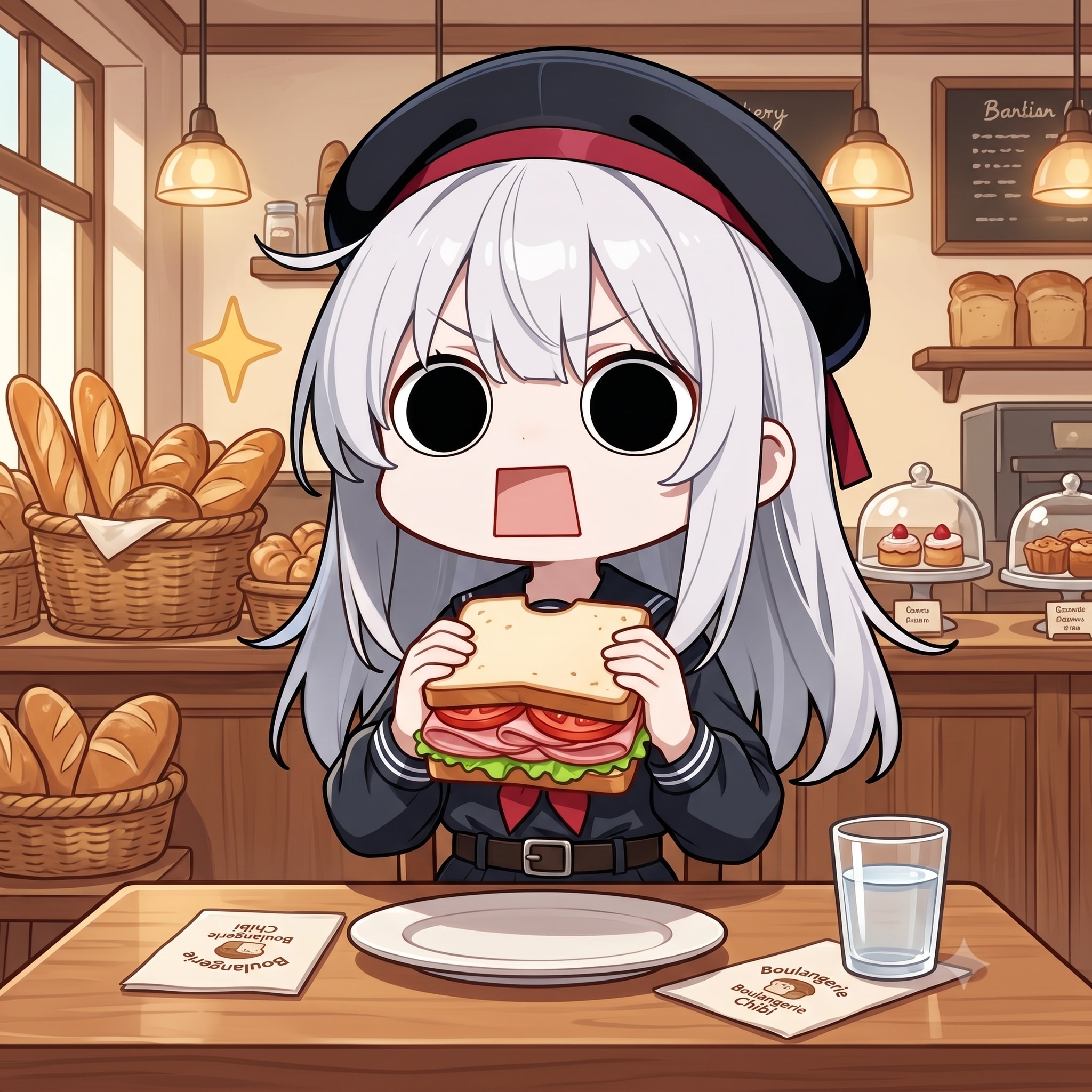 ハムトマトレタスサンドを頂くえらいこっちゃ嬢