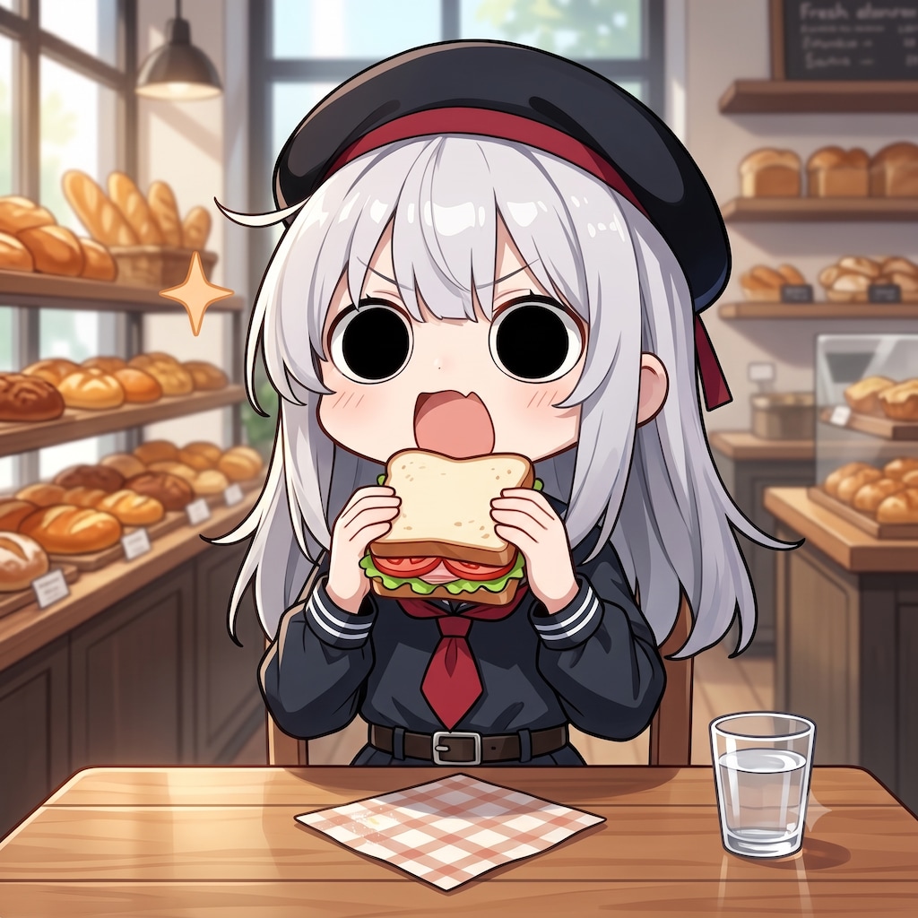 ハムトマトレタスサンドを頂くえらいこっちゃ嬢