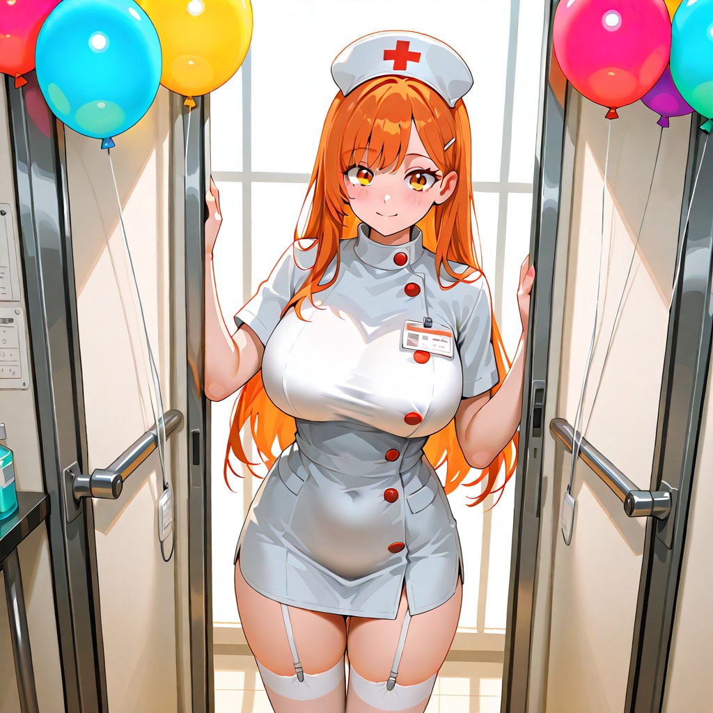 いっぱい色とりどりの風船を持つオレンジ髪ロングのナース服着た美女 | の人気AIイラスト・グラビア