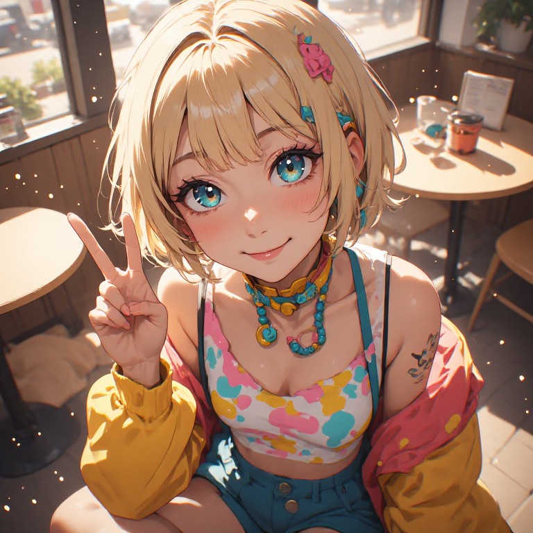 上目遣いでピース | の人気AIイラスト・グラビア