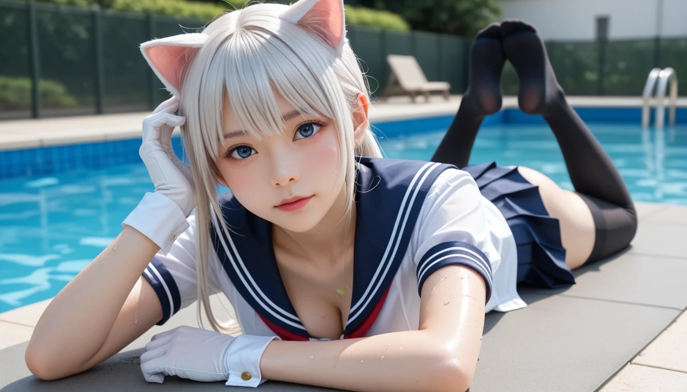 白銀髪の猫耳天使がプールサイドでうつ伏せ寝そべり中❤️ 濡れ透けから覗く谷間と、ピコンと跳ね上げた足裏のあざとコンボで、貴方の本能を限界突破させちゃいます！