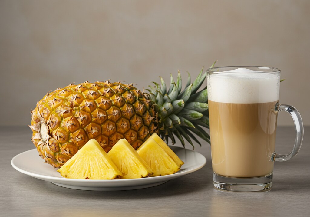 デザートのパイナップルとカフェオレのセット