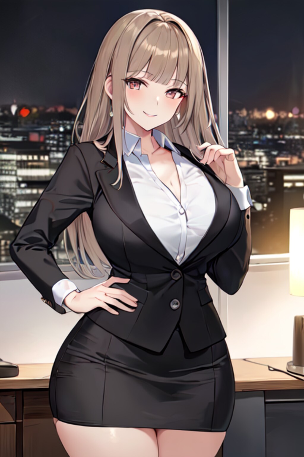 ホワイトブロンドの爆乳美人秘書(pixai)