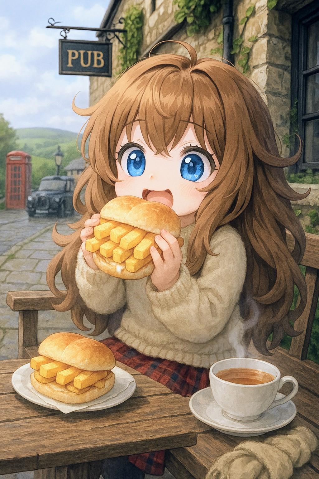 チップバティとレモンドリズルケーキを食べる小さな女の子 | の人気AIイラスト・グラビア