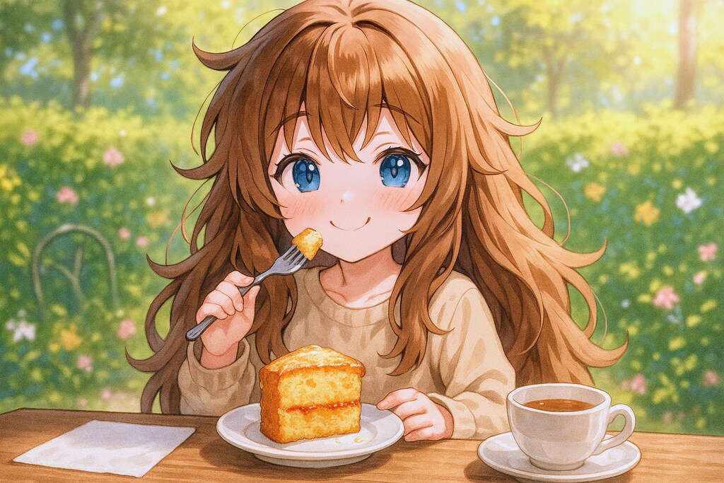 チップバティとレモンドリズルケーキを食べる小さな女の子