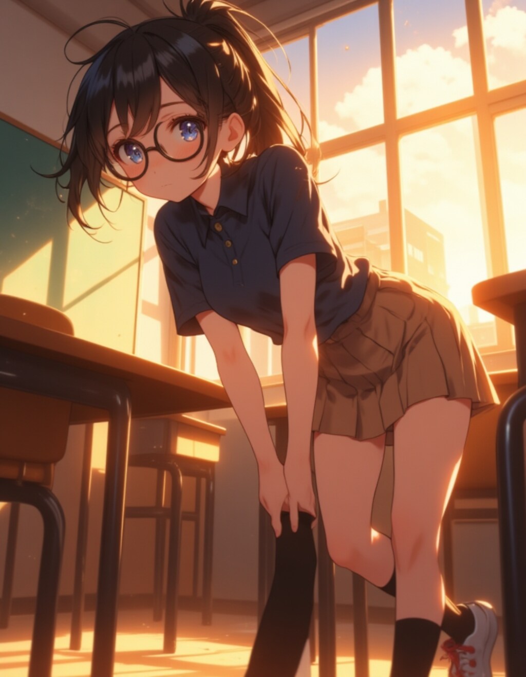 渋谷の初夏：ギャル少女のソックスの調整