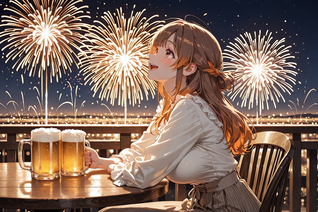花火を見ながら🍺