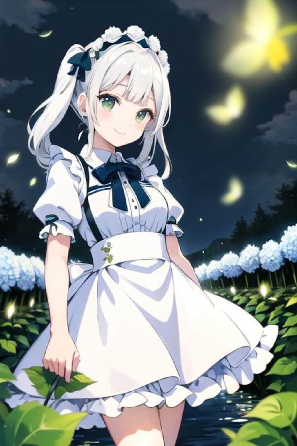 夜のあじさいと白髪ツインテ娘