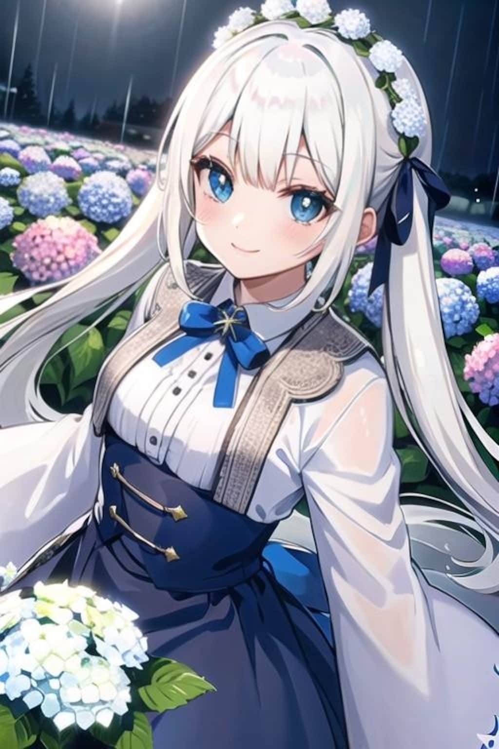 夜のあじさいと白髪ツインテ娘