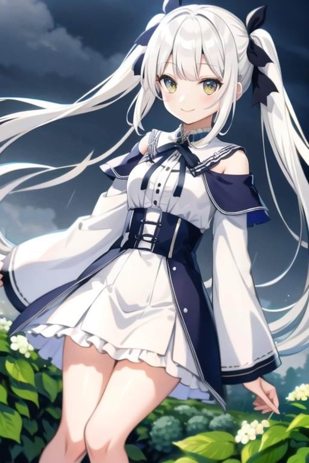 夜のあじさいと白髪ツインテ娘