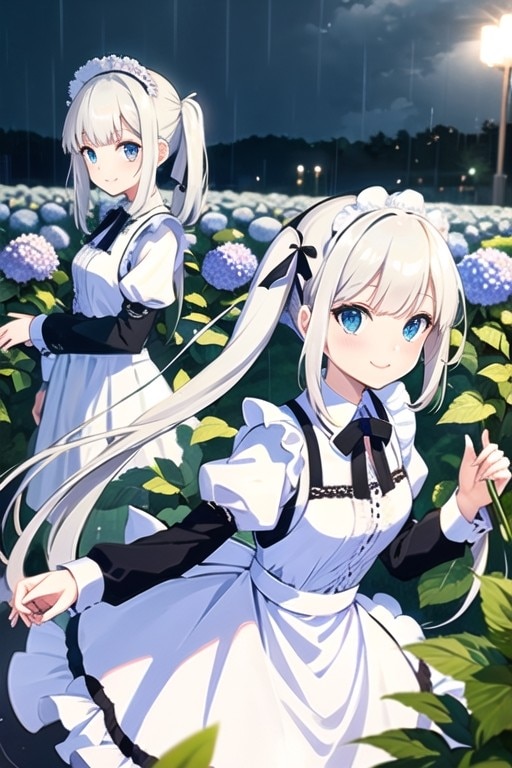 夜のあじさいと白髪ツインテ娘 | の人気AIイラスト・グラビア