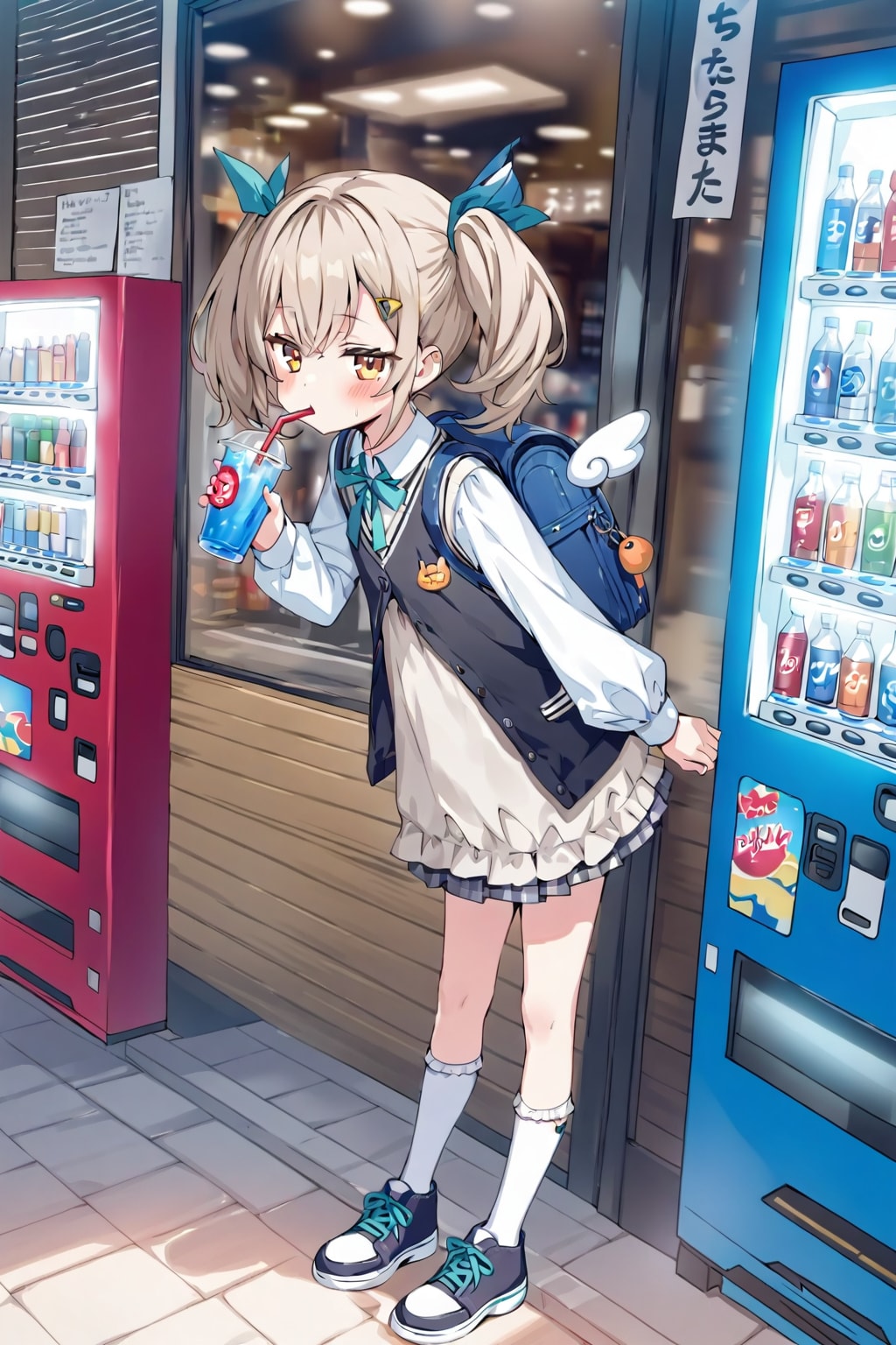 自動販売機で飲み物を買う 少女。