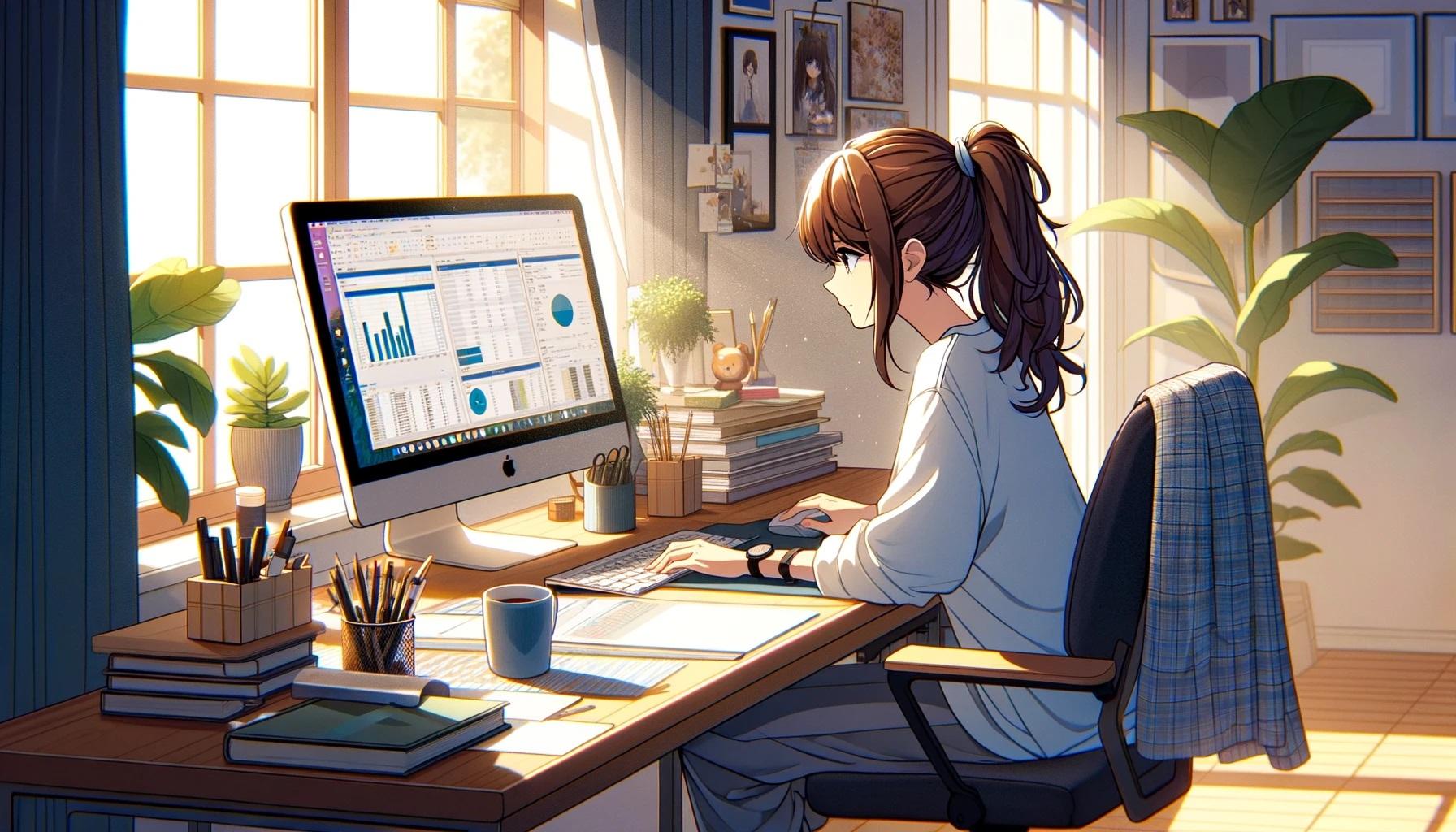 自宅の書斎でパソコンで作業をしている茶髪ポニーテールの女性