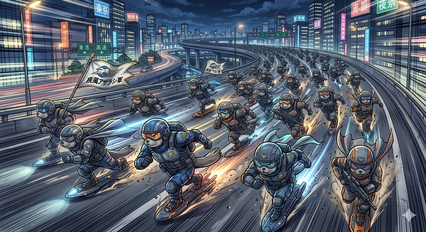 高速道路疾風アザラシ軍の高速道路上での疾走行進 | の人気AIイラスト・グラビア