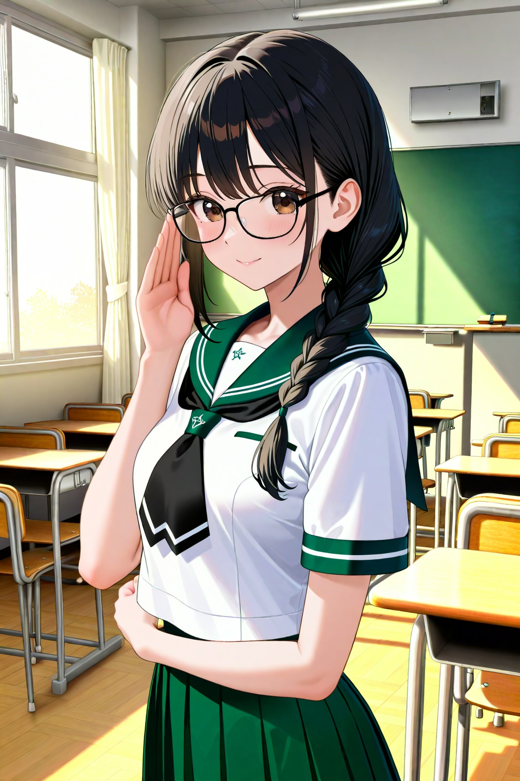 緑半袖セーラーの眼鏡っ子 | の人気AIイラスト・グラビア