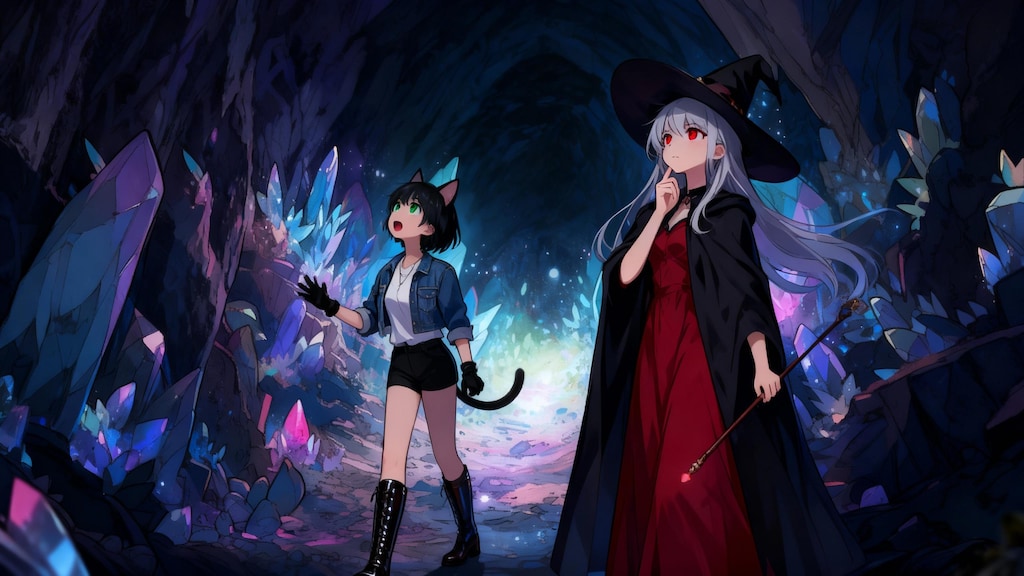 銀髪魔女と猫耳少女の洞窟探検