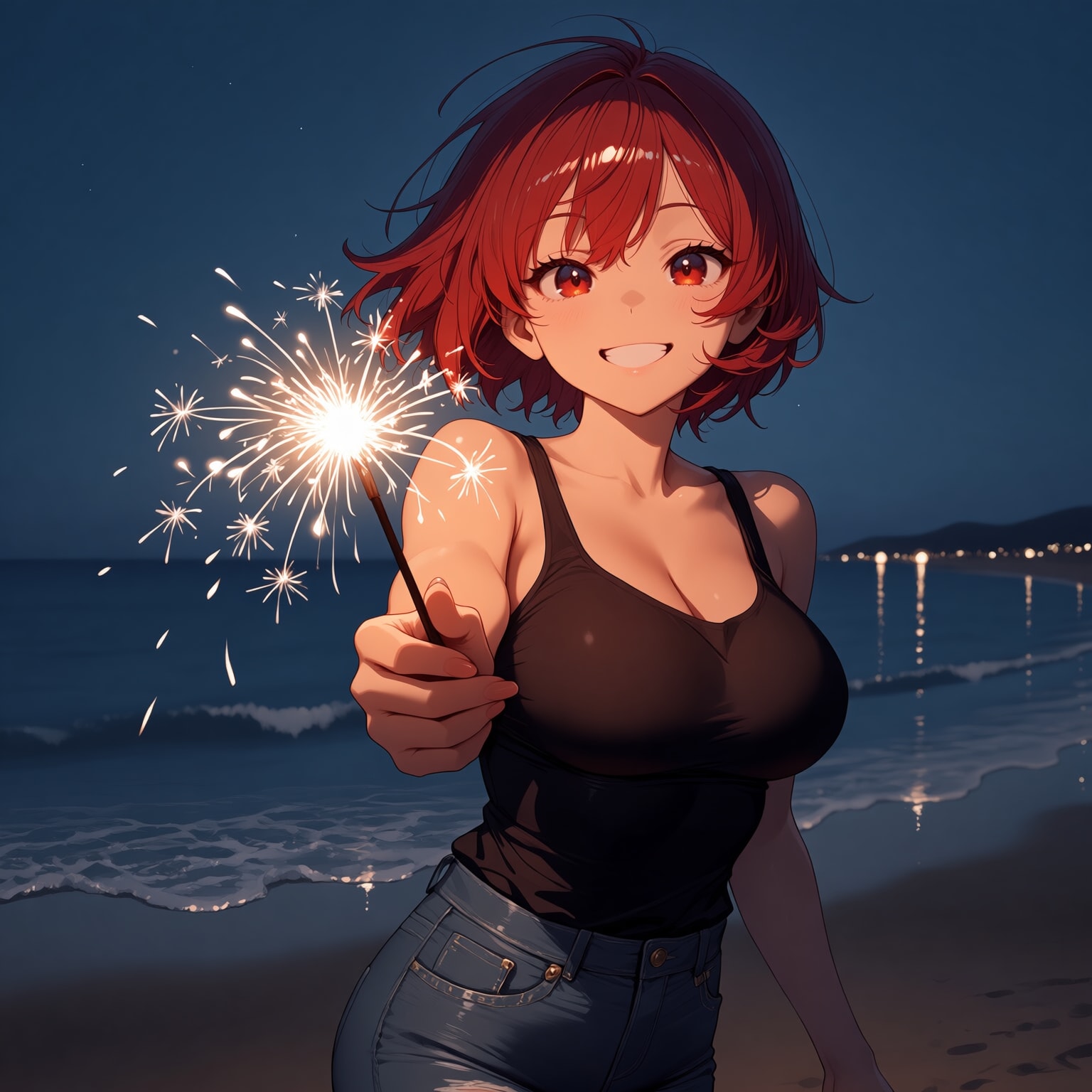 夜の浜辺とガテンちゃん