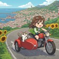 ヒマワリのある風景20・サイドカーと猫と女の子 2枚目
