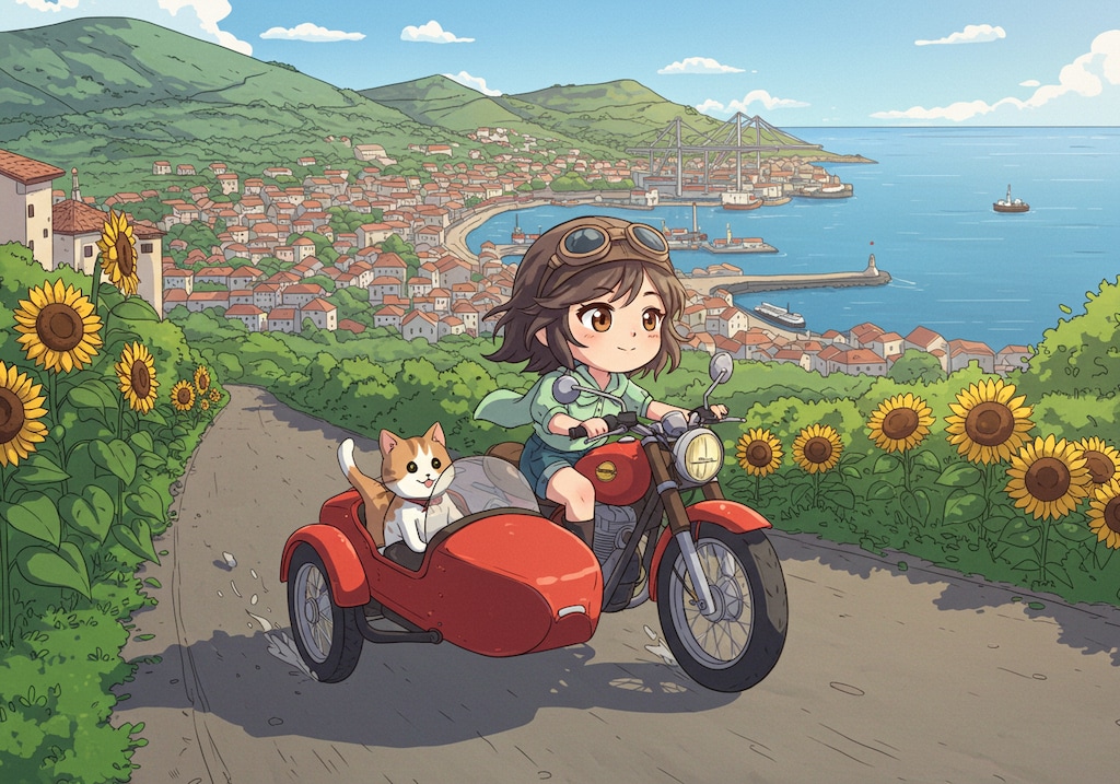 ヒマワリのある風景20・サイドカーと猫と女の子