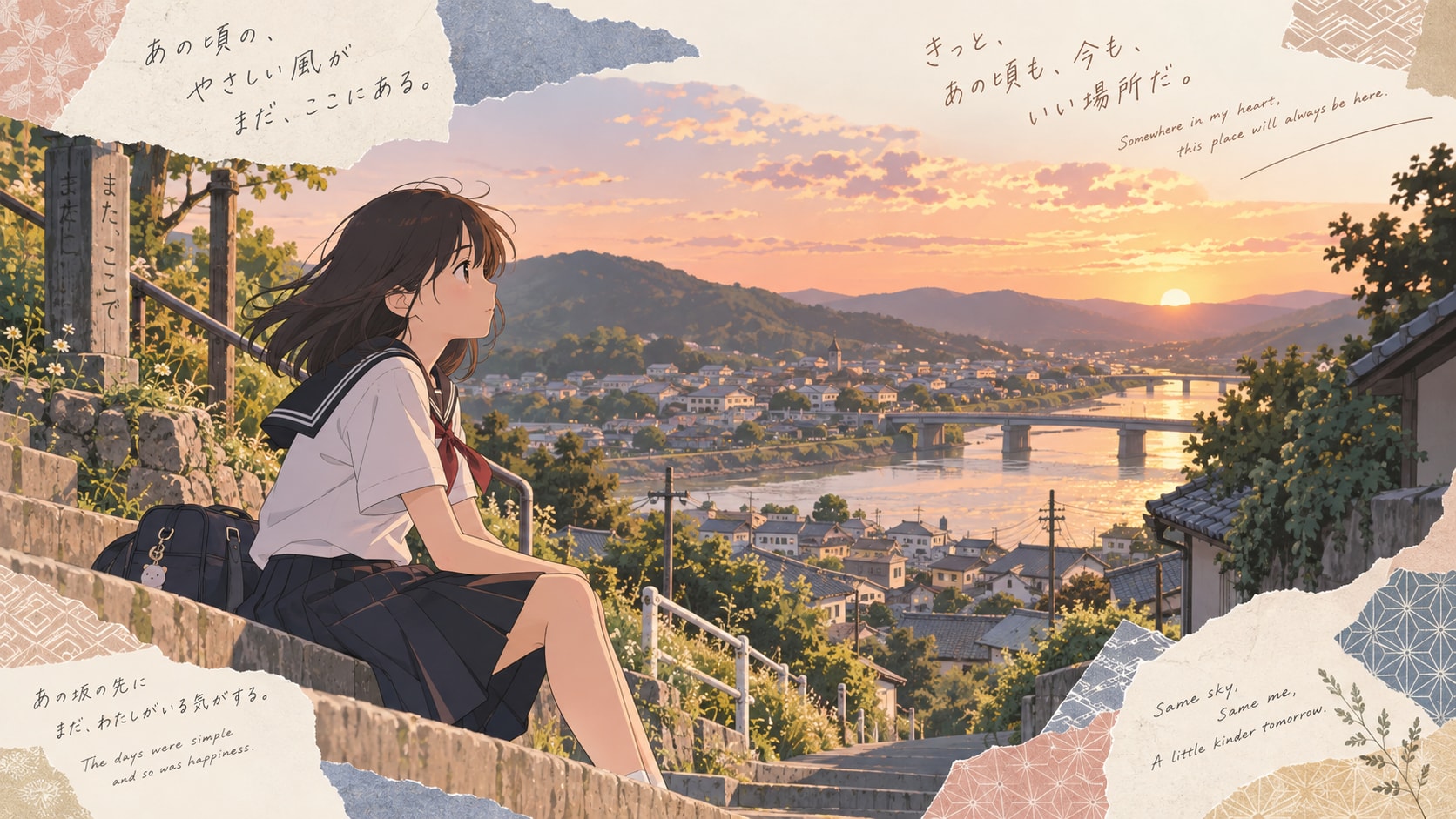 A hillside stairway, a quiet town, and a sky that remembers her.  Somewhere in my heart, this place | の人気AIイラスト・グラビア