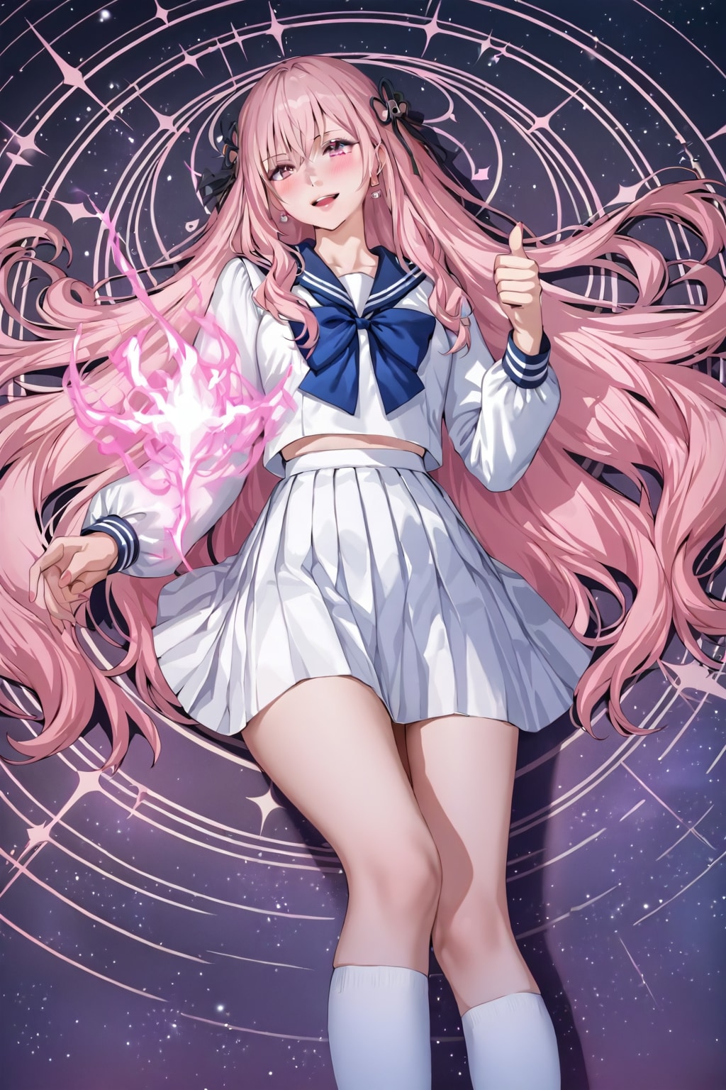 Having successfully synchronized with the energy of the heavens, she smiles shyly and gives a thumbs