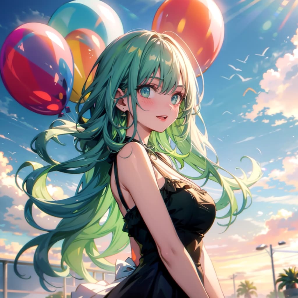 いっぱい風船を持つ緑髪ロングのお天気キャスターの美女