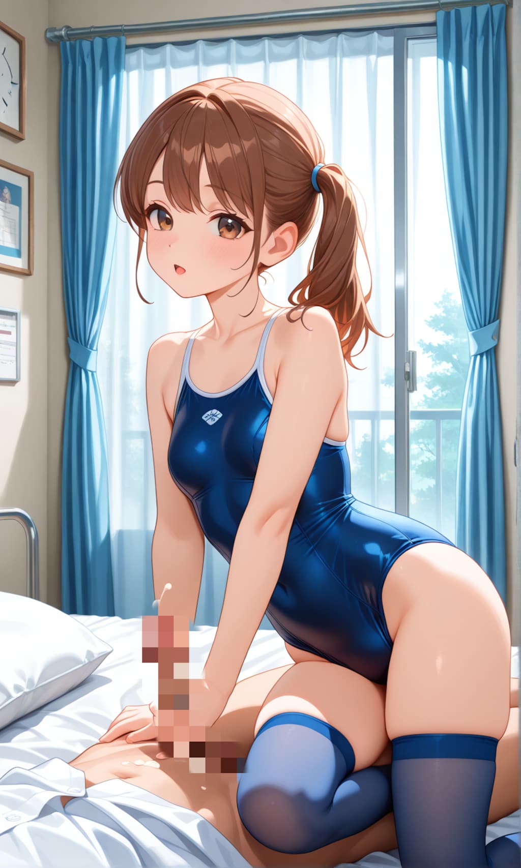 スク水サイドポニー女子　医務室で手コキ