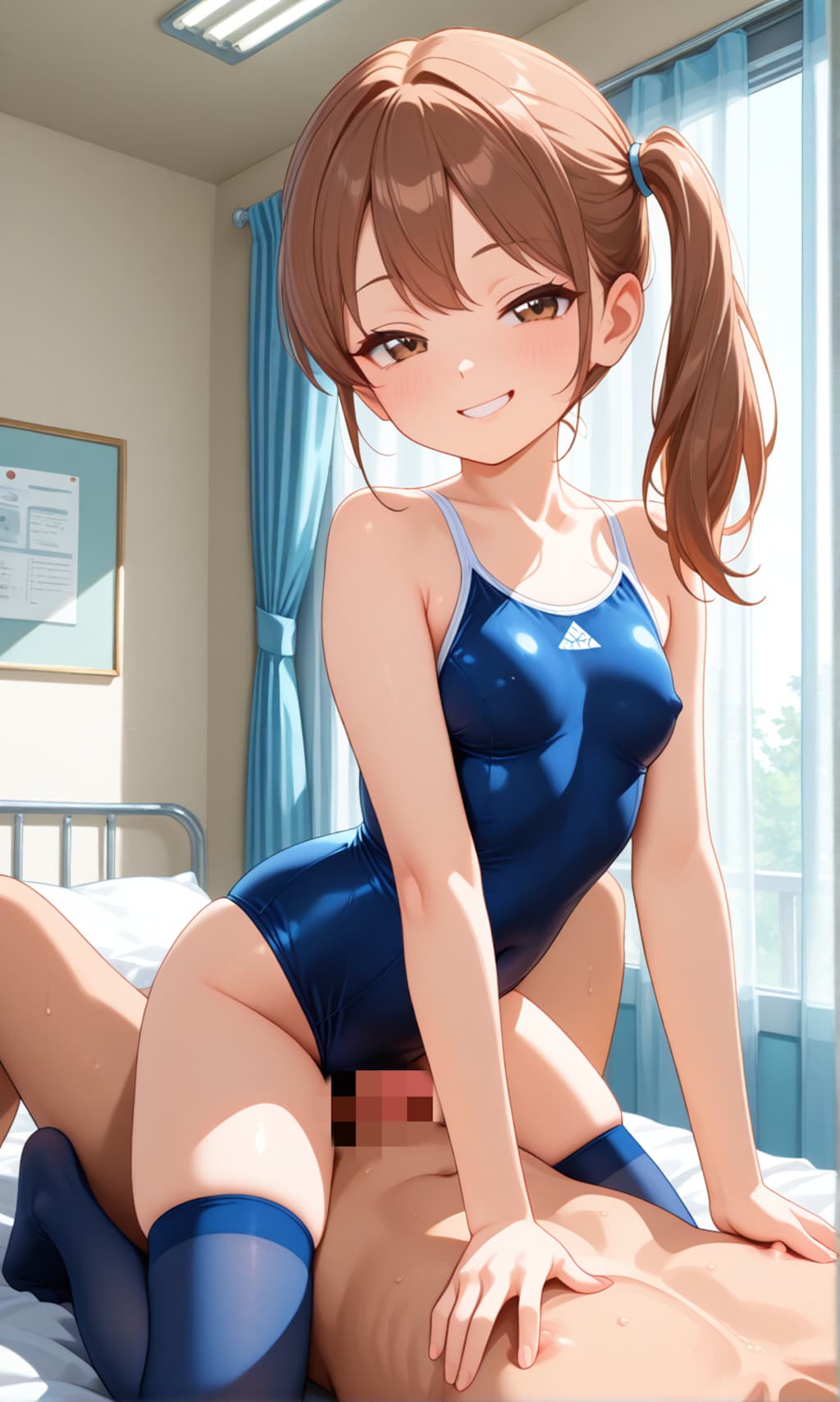 スク水サイドポニー女子　医務室で手コキ