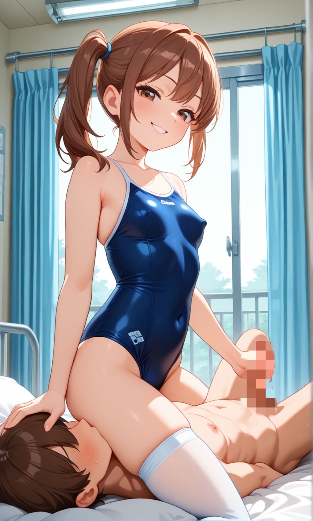 スク水サイドポニー女子　医務室で手コキ