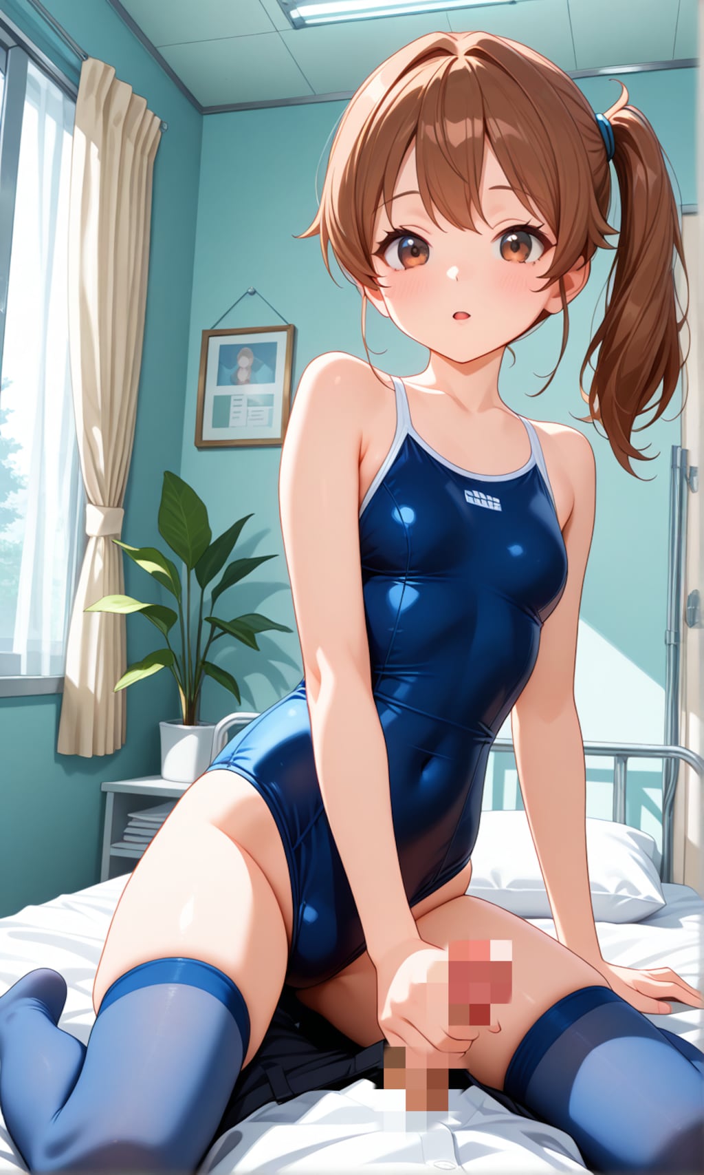スク水サイドポニー女子　医務室で手コキ